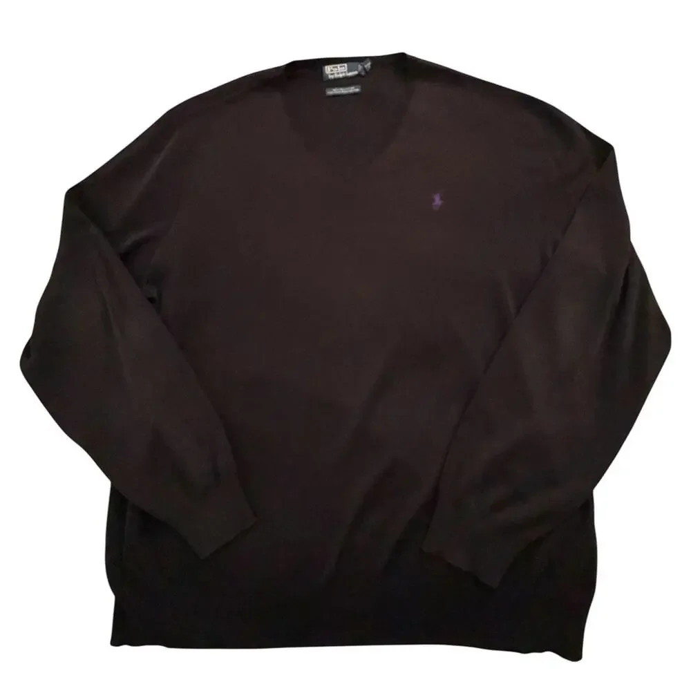 Vintage 90s‎ Rider Logo Polo Ralph Lauren V Neck Sweater XXL Black Pima Cotton
